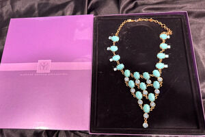 Suzanne Somers Turquoise Color Bead Dangle Necklace Gold Tone Statement w Box